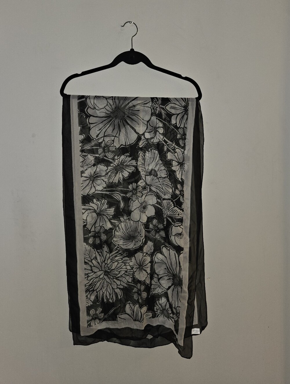 100% Silk Scarf Brighton Black White Gray Floral Designer Wrap Quiet Luxury Chic